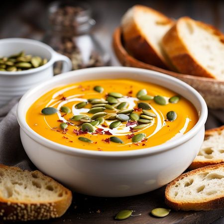 Pumpkin soup in a bowl on a wooden background. Selective focus.の素材