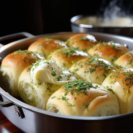 Bread rolls with butter and dill in a baking dish.の素材