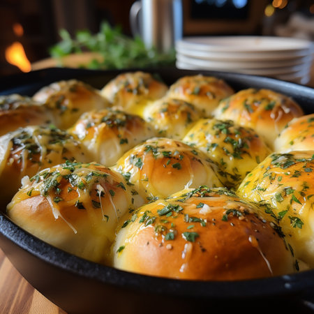 Baked buns with cheese and herbs in a frying pan.の素材