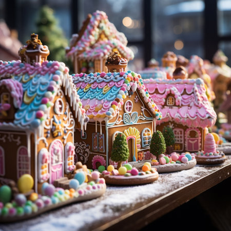Homemade gingerbread houses in the shape of a house on the background of the Christmas marketの素材