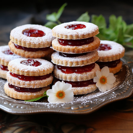 Strawberry shortcrust pastry cookies with icing sugar, selective focusの素材