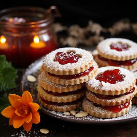 Cookies with strawberry jam on a dark background. Selective focus.の素材