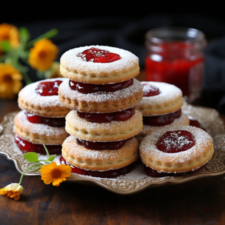 Homemade strawberry jam cookies on a dark background. Selective focus.の素材