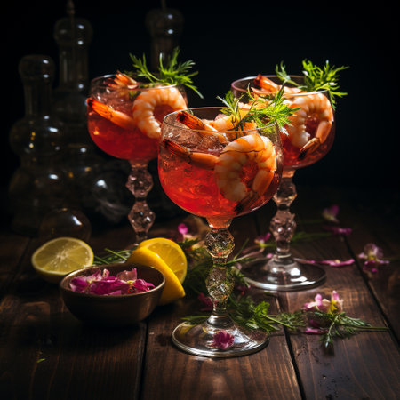 Cocktails with shrimps and lemon on dark wooden backgroundの素材