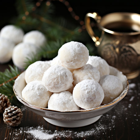 Meringue cookies with powdered sugar in a bowl on a wooden tableの素材