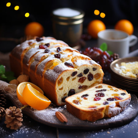 Christmas cake with raisins and powdered sugar on a dark backgroundの素材