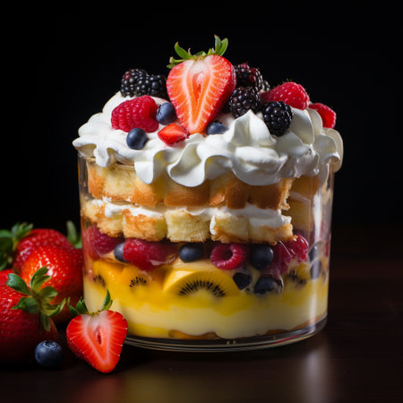 Fruit cake with whipped cream and fresh berries on a dark backgroundの素材