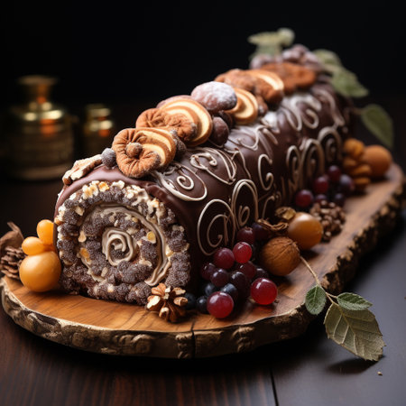 Chocolate roll cake with nuts and fruits on a dark wooden backgroundの素材