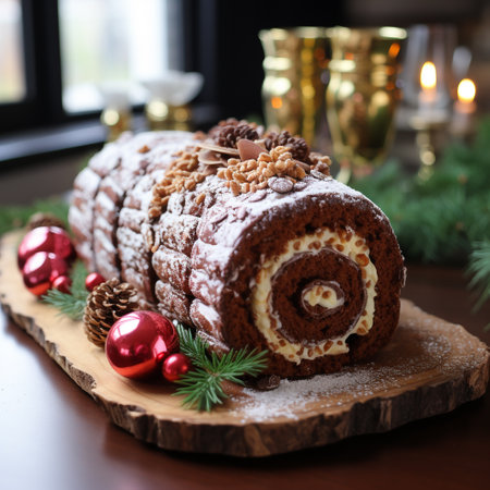 Christmas Swiss roll cake with chocolate glaze on wooden board.の素材