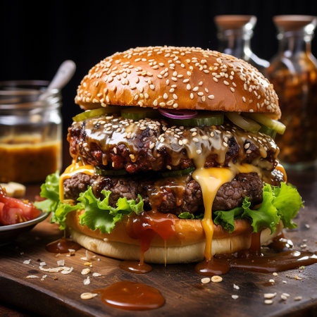 Homemade hamburger with beef, cheese and vegetables on wooden boardの素材