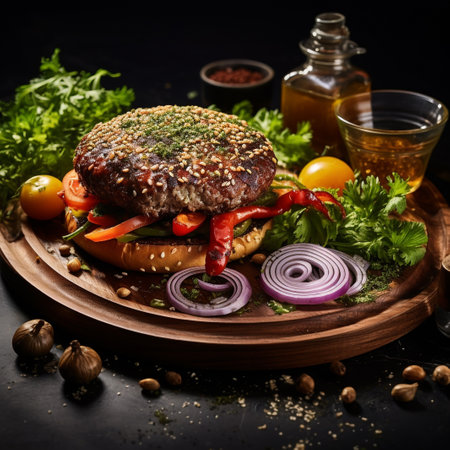 Hamburger with fresh vegetables on a wooden board. Dark background.の素材