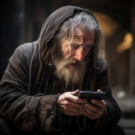 Homeless man with a mobile phone in the streets of the old cityの素材