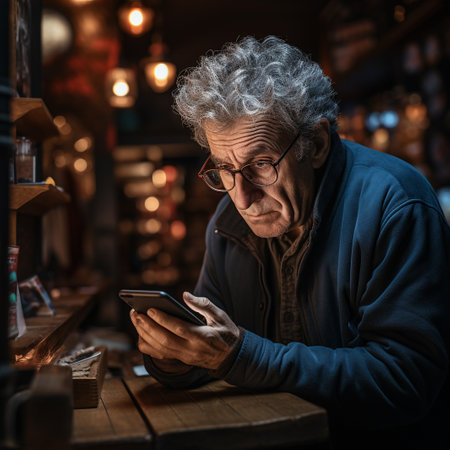 Elderly man using mobile phone in a coffee shop. Elderly people and technology concept.の素材