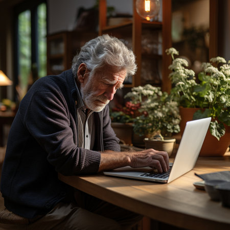 Elderly man using a laptop computer in a cozy home environmentの素材