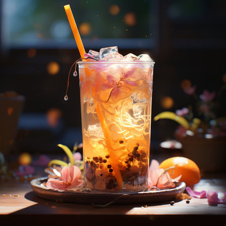 A glass of iced tea with ice cubes and orange on wooden tableの素材