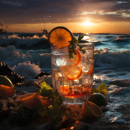 Cocktail with orange, lime and mint on the beach at sunsetの素材