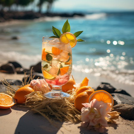 Tropical cocktail with orange, mint and ice on the beachの素材