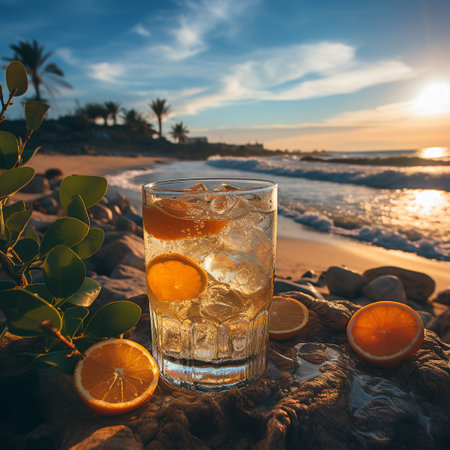 Cocktail with ice and lemon on the beach at sunset.の素材