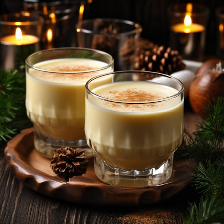 Eggnog, traditional New Year's drink on a wooden backgroundの素材