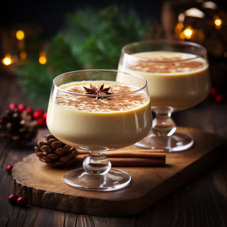 Christmas eggnog with cinnamon and anise on dark wooden backgroundの素材
