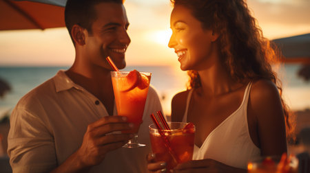 Young couple with cocktails on the beach at sunset, focus on manの素材