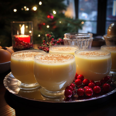 Traditional eggnog garnished with cranberries and cinnamon, served in glass cups.の素材
