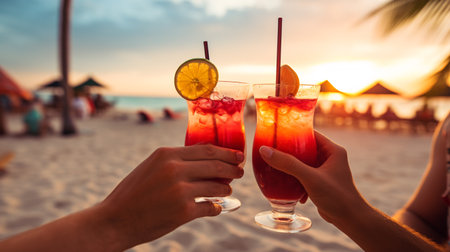 Cocktails on the beach at sunset. Close-up of two hands clinking glasses with a cocktail.の素材