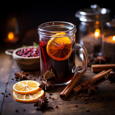Mulled wine with spices on a wooden background. Selective focus.の素材