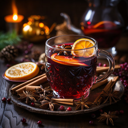 Mulled wine with spices on a wooden background. Selective focus.の素材