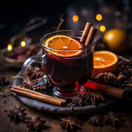 Mulled wine with spices on a wooden background. Selective focus.の素材