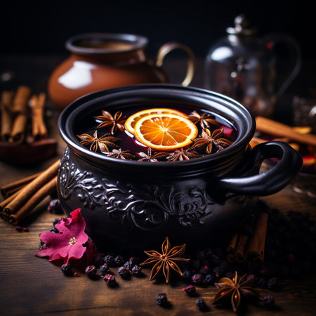 Cup of hot mulled wine with spices on the wooden tableの素材