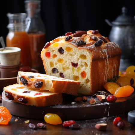 Panettone with raisins and dried apricots, selective focusの素材