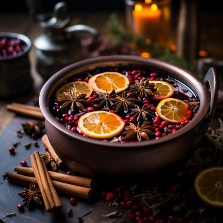 Mulled wine with spices on wooden background. Selective focus.の素材