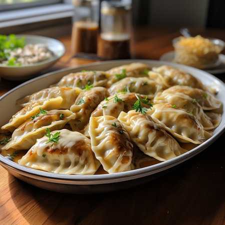 Fried dumplings with cabbage and parsley on a plateの素材