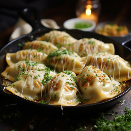 Fried dumplings with cheese and parsley in a frying panの素材