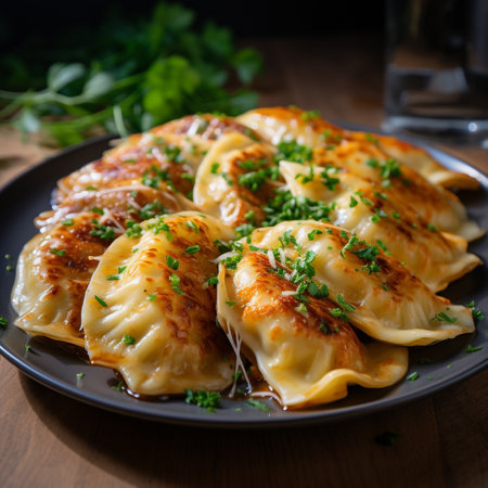 Fried dumplings with cabbage and parsley on a plateの素材