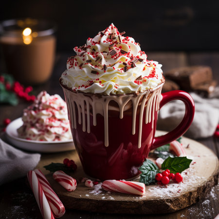 Hot chocolate garnished with whipped cream and candy canes, squareの素材