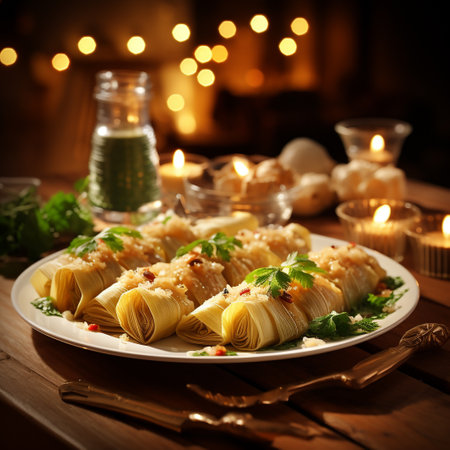 Cannelloni pasta stuffed with meat, cheese and sauce on wooden tableの素材