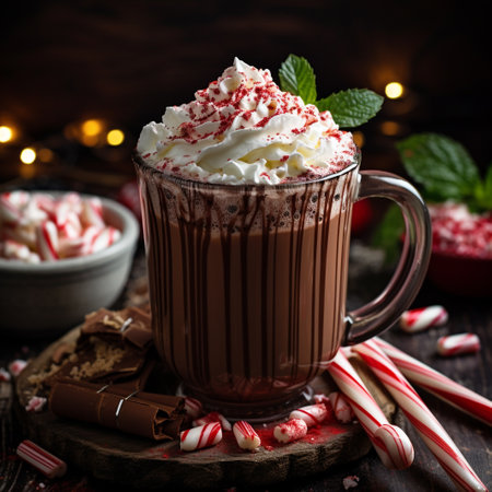 Hot chocolate with whipped cream and peppermint on dark wooden background.の素材