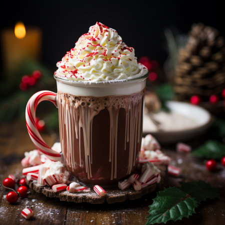 Hot chocolate with whipped cream and peppermint on a wooden background.の素材