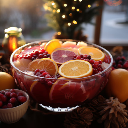 Christmas fruit salad with cranberries, oranges and oranges in glass bowlの素材