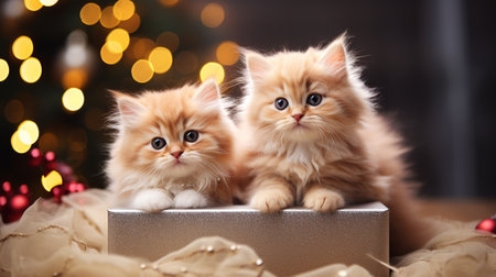 Cute kittens with gift box and Christmas lights on background, closeupの素材