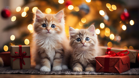 Two cute kittens on the background of a Christmas tree with gifts.の素材