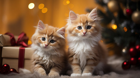 Cute little kittens on the background of the Christmas tree and giftsの素材