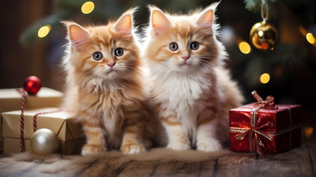 Cute ginger maine coon kittens with christmas tree on backgroundの素材