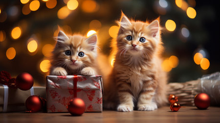 Two cute kittens with christmas gifts on bokeh background.の素材