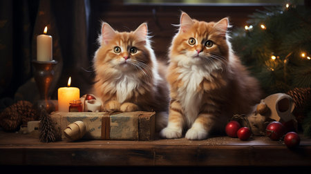 Two Maine Coon kittens sitting on a wooden table next to Christmas decorations.の素材