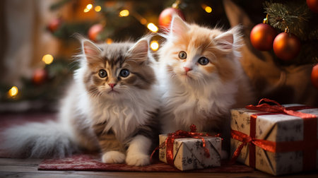Cute kittens with Christmas gifts on the background of the Christmas treeの素材