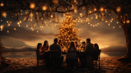Group of friends having dinner on a beach under a Christmas treeの素材