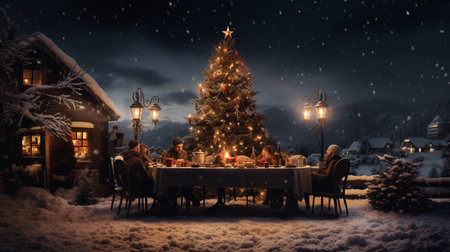 Christmas and New Year holidays concept. Festive table setting in the village at night.の素材